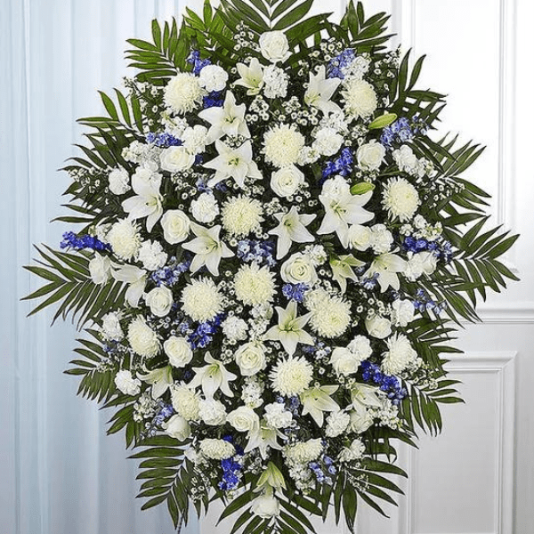 White Roses Sprayed Blue Blue Tears Standing Spray - Heather & Vine Fine Floral Design